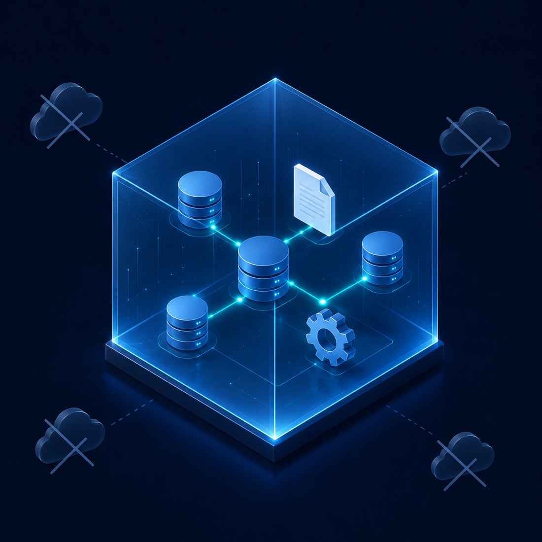 Isometric illustration of document generation sealed inside a glowing org boundary, with external clouds crossed out