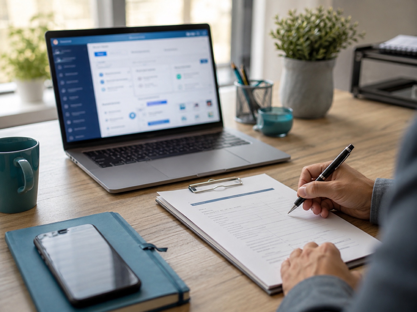 A desk with a laptop showing a CRM and a printed document being signed