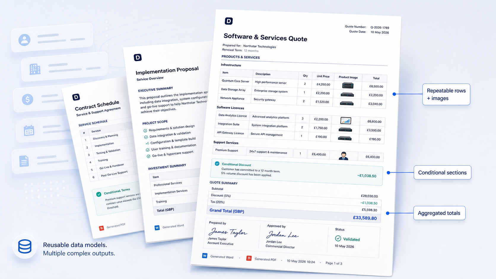 Docable generating complex Salesforce documents from reusable data models, including repeatable rows, product images, conditional sections, aggregated totals, Word and PDF output, and Salesforce Files output.