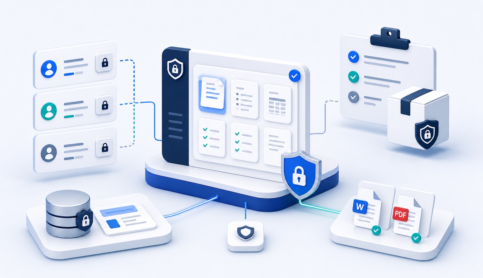 Illustration of governed document delivery with permissions, secure templates, and generated Word and PDF files